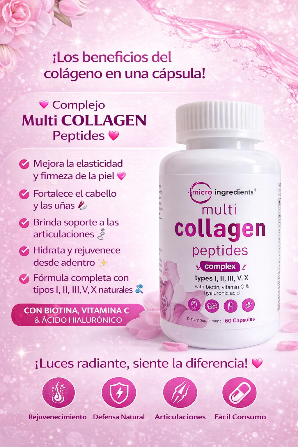 Presentación de Multi Collagen Peptides con biotina, vitamina C y ácido hialurónico