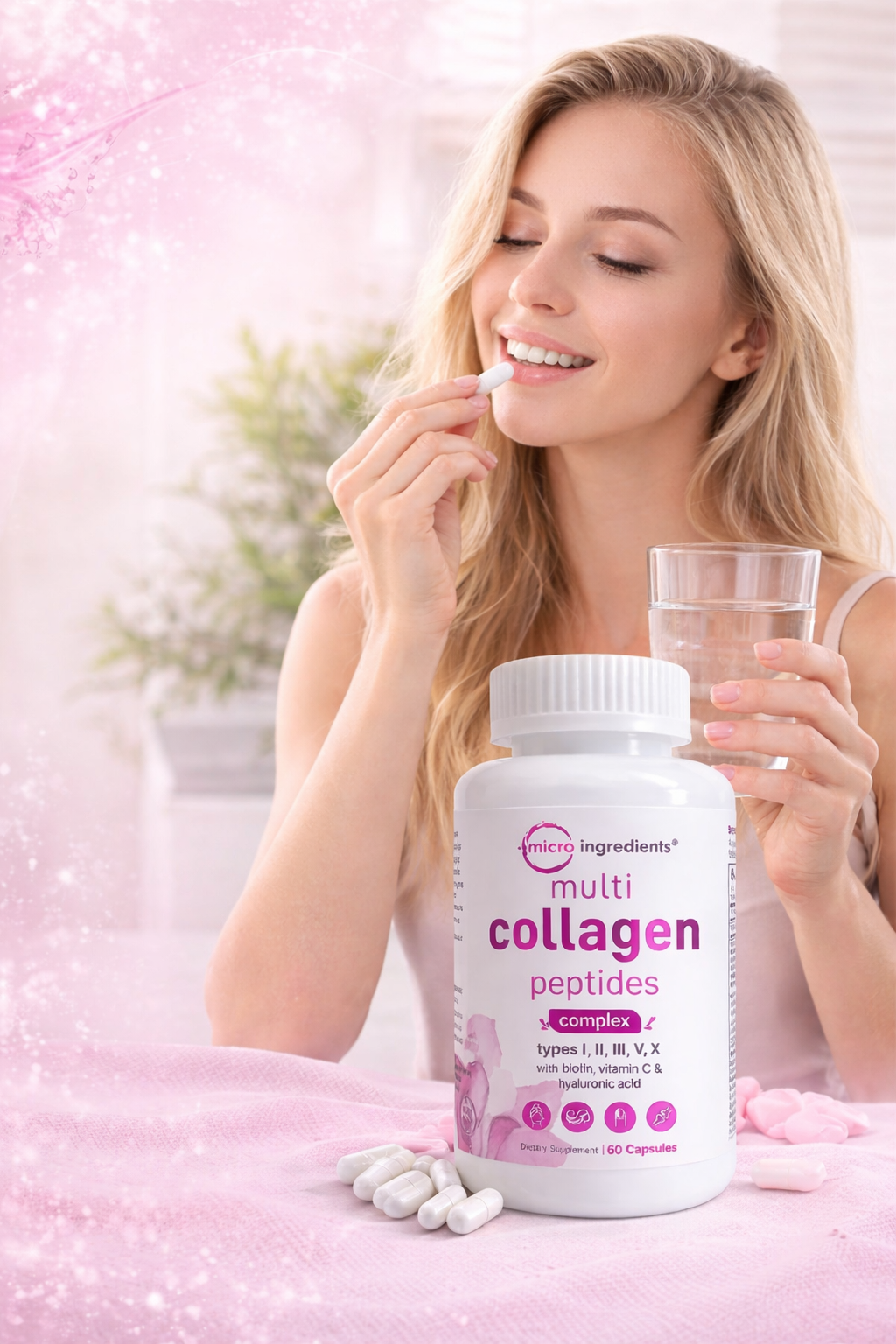 Micro Ingredients Multi Collagen Peptides Complex en frasco de 60 cápsulas