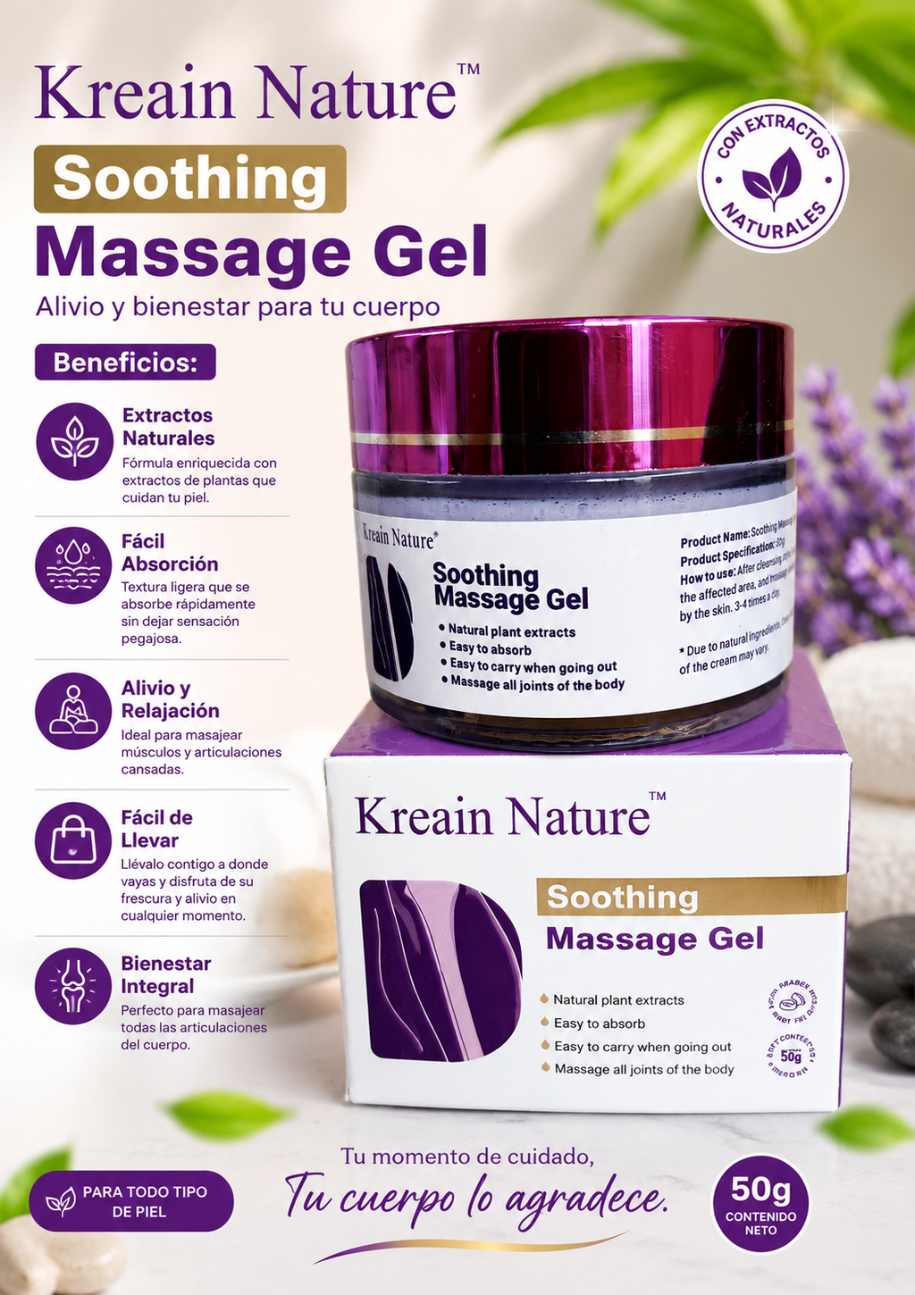Kreain Nature Soothing Massage Gel para masaje corporal de 50 g