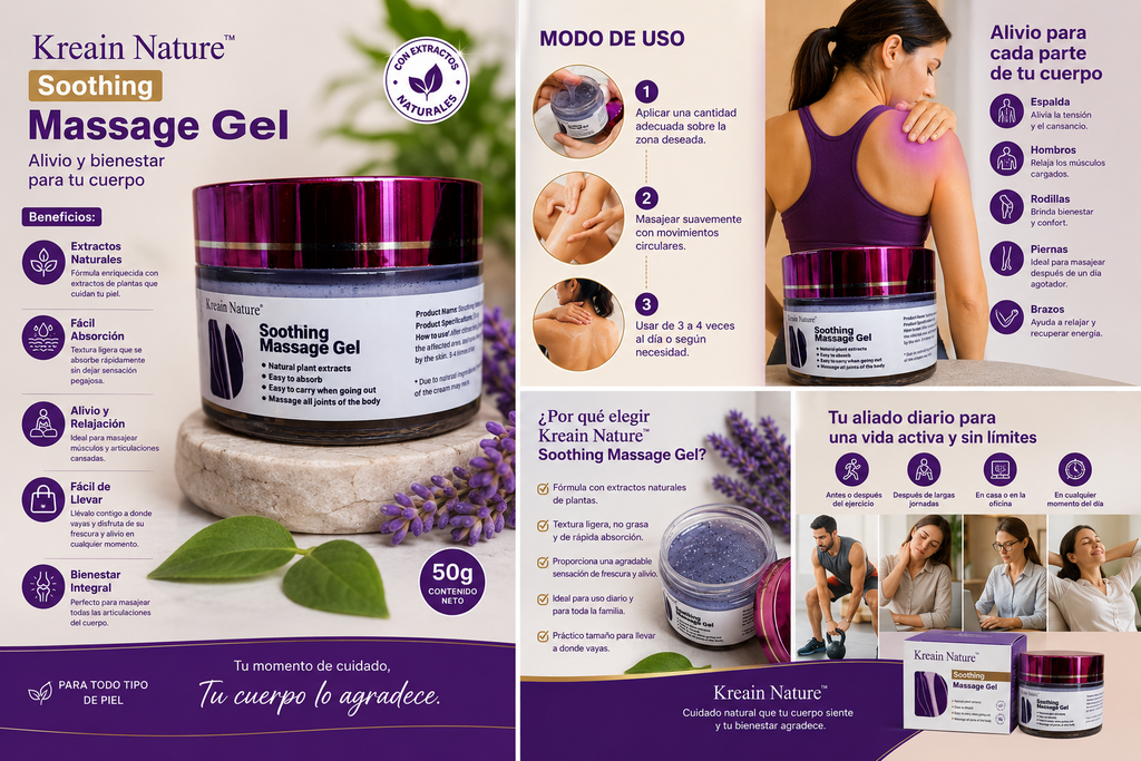 Envase, textura y presentación del gel para masajes Kreain Nature de 50 g