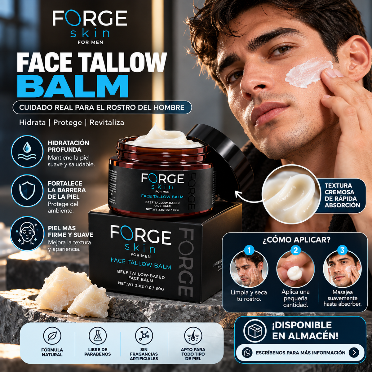 FORGE Skin bálsamo facial para hombre e instrucciones de aplicación