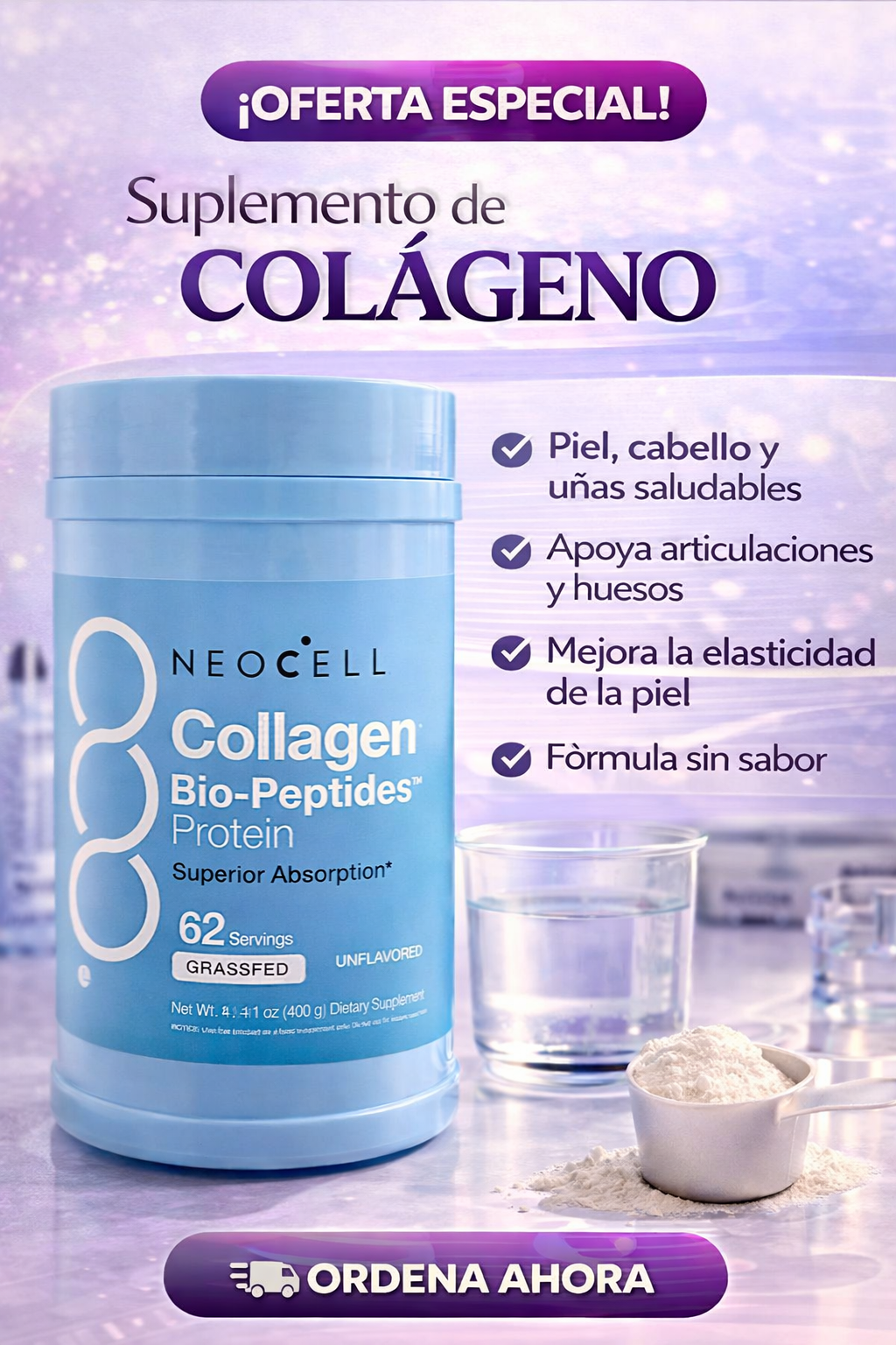 Envase NeoCell Collagen Bio-Peptides Protein sin sabor de 400 g