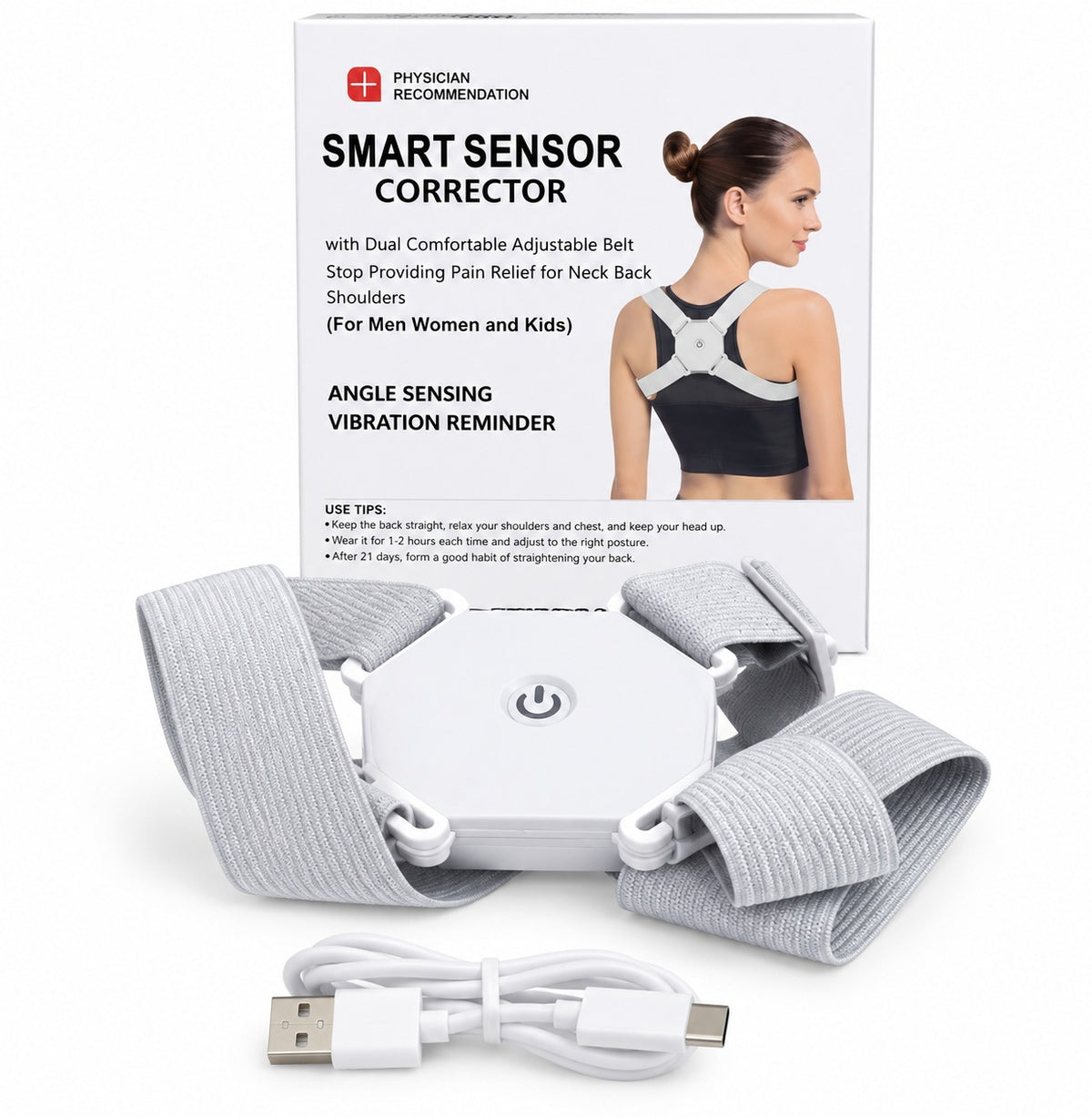 Corrector de postura blanco con correas grises ajustables, empaque y cable USB.
