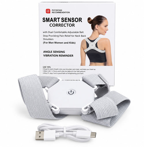 Corrector de postura blanco con correas grises ajustables, empaque y cable USB.