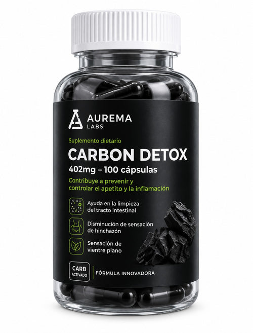 Frasco de Carbon Detox Aurema Labs, con etiqueta de 402 mg y 100 cápsulas.