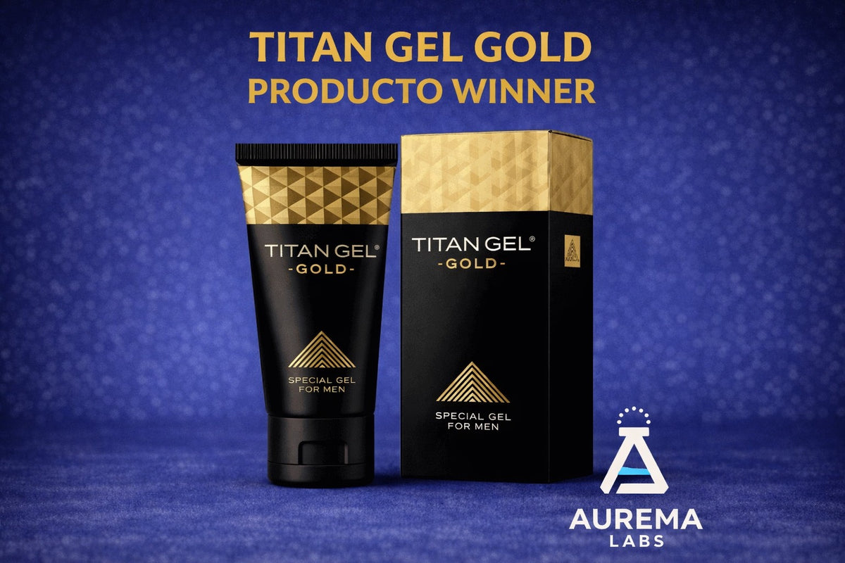 Tubo de Titan Gel Gold con caja negra y dorada sobre fondo azul.